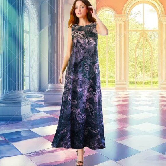E. U. X. EXCLUSIVE Purple Marbled Pattern Sleeveless Maxi Dress Sz M - L NEW - Picture 2 of 4